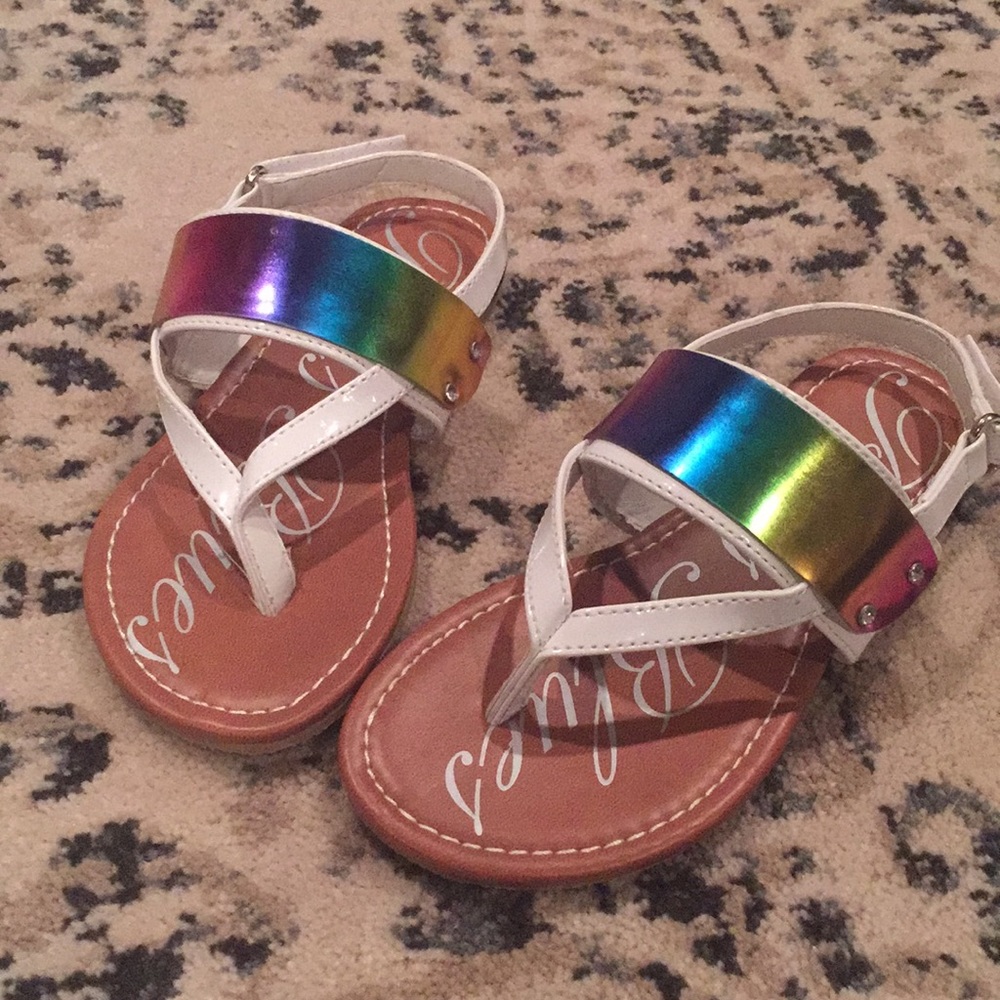 Adorable white and rainbow patent strappy sandals